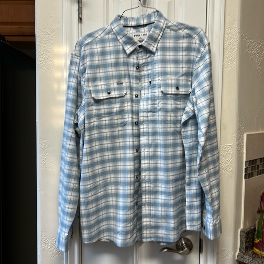 Poncho Light Blue “Blue Bison” Plaid Flannel EUC XL Slim